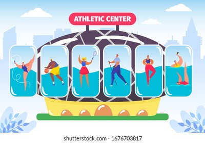 Fitness and athletic center, gym for different kinds of sport, athlete bodybuilding vector illustration. Workout center, professional trainers service. Athletic training for sportive people.