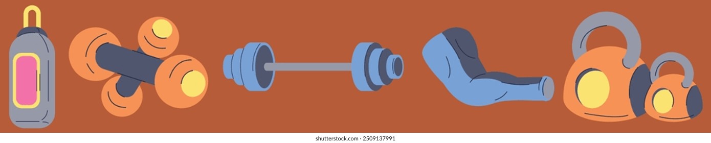 Fitness and Athletics accessories: Dumbell, Kettlebell, and other sports equipment. Design elements perfect for poster, invitation, sticker kit. Vector illustration