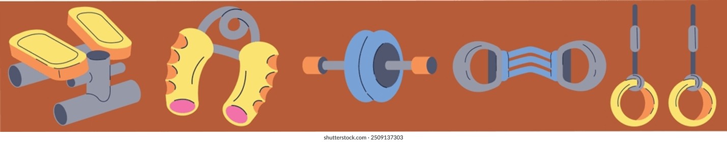 Fitness and Athletics accessories: Hand Grip, Step Machine, and other sports equipment. Design elements perfect for poster, invitation, sticker kit. Vector illustration