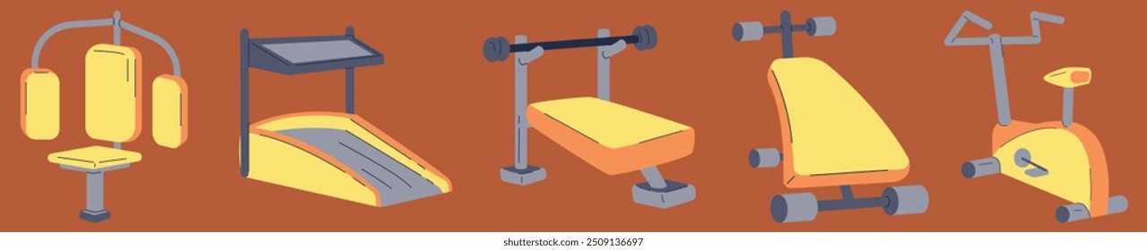 Fitness and Athletics accessories: Treadmills, Fitness Cycle, and other sports equipment. Design elements perfect for poster, invitation, sticker kit. Vector illustration