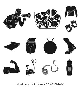 Fitness and attributes black icons in set collection for design. Fitness equipment vector symbol stock web illustration.