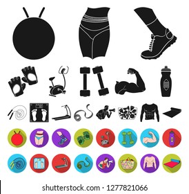 Fitness and attributes black,flat icons in set collection for design. Fitness equipment vector symbol stock web illustration.