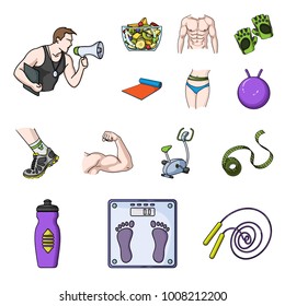 Fitness and attributes cartoon icons in set collection for design. Fitness equipment vector symbol stock web illustration.