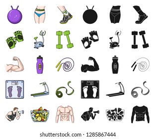 Fitness and attributes cartoon,black icons in set collection for design. Fitness equipment vector symbol stock web illustration.