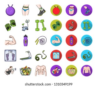Fitness and attributes cartoon,flat icons in set collection for design. Fitness equipment vector symbol stock web illustration.