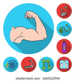Fitness and attributes flat icons in set collection for design. Fitness equipment vector symbol stock web illustration.