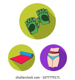 Fitness and attributes flat icons in set collection for design. Fitness equipment vector symbol stock web illustration.