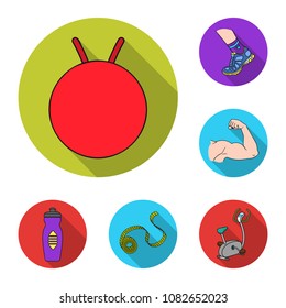 Fitness and attributes flat icons in set collection for design. Fitness equipment vector symbol stock web illustration.