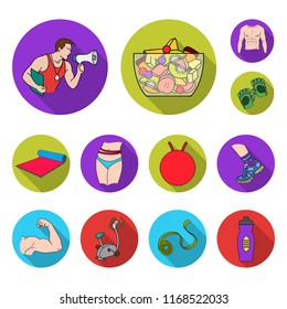 Fitness and attributes flat icons in set collection for design. Fitness equipment vector symbol stock web illustration.
