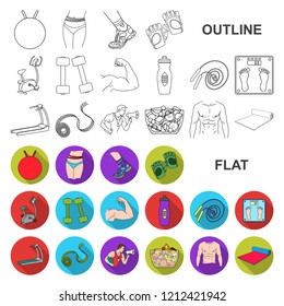 Fitness and attributes flat icons in set collection for design. Fitness equipment vector symbol stock web illustration.