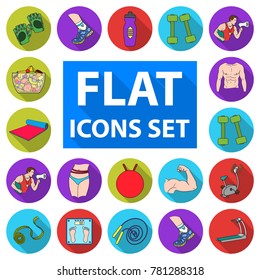 Fitness and attributes flat icons in set collection for design. Fitness equipment vector symbol stock web illustration.