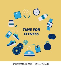 Fitness attributes for man and woman, different sport gadgets, sport wear and training gear. Flat Vector Illustration