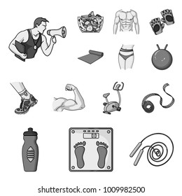 Fitness and attributes monochrome icons in set collection for design. Fitness equipment vector symbol stock web illustration.