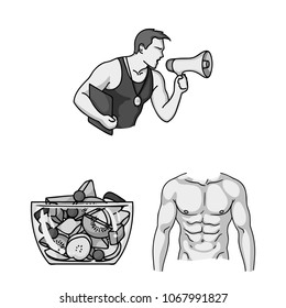 Fitness and attributes monochrome icons in set collection for design. Fitness equipment vector symbol stock web illustration.