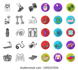 Fitness and attributes mono,flat icons in set collection for design. Fitness equipment vector symbol stock web illustration.