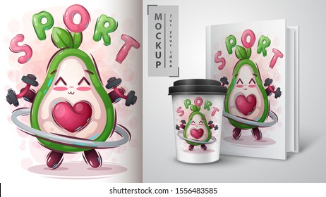 Fitness avocado poster and merchandising. Vector eps 10