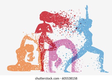 Fitness background with woman Silhouette of particles. Yoga poses. Color sport poster, print or banner. Vector illustration 