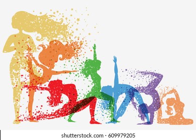 Fitness background with woman Silhouette of particles. Yoga poses. Color sport poster, print or banner. Vector illustration 