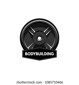 Fitness badge. Disk weight, barbell disk. Bodybuiding inscription. Sport sign. Vector illustration.