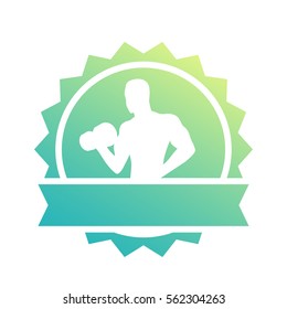 Fitness badge with posing athlete, gym logo with bodybuilder