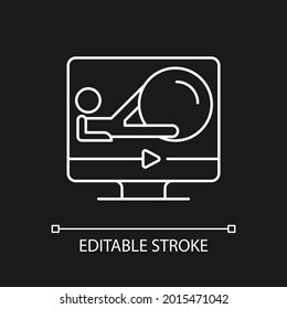 Fitness ball online workout white linear icon for dark theme. Strength and endurance improvement. Thin line customizable illustration. Isolated vector contour symbol for night mode. Editable stroke
