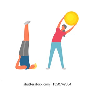 Fitness ball vector, woman and map bodybuilding equipment. Inflatable bauble flexibility, yoga studio people exercises. Stretching and working out