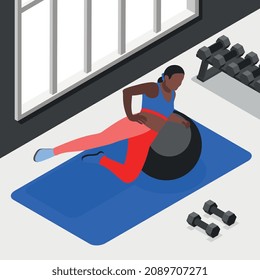 Fitness ball workout isometric background with female character lying on side with rubber ball on mat vector illustration