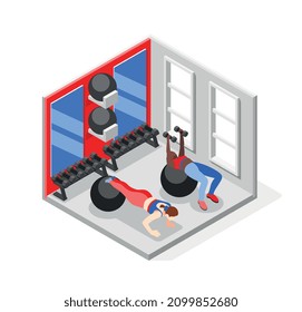 Fitness ball workout isometric background with women doing push ups and lifting dumbbells on rubber balls vector illustration