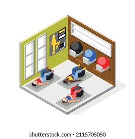 Fitness ball workout isometric composition with three women lying on back with legs on rubber balls vector illustration