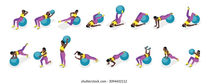 Fitness ball workout isometric recolor set of isolated icons with black woman character practicing various exercises vector illustration