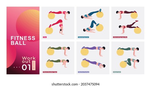 Fitness Ball workout set. Young woman doing Stability ball exercises