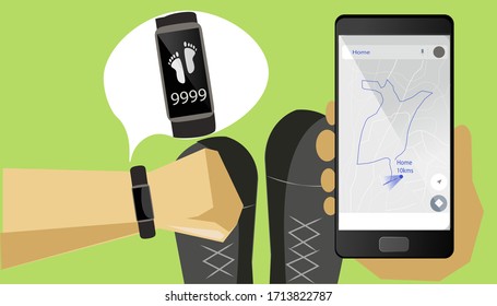 Fitness band on wrist showing 9999 steps. Fitness tracking app on mobile. Maps showing walking track. Sports tracker with shoes. Smart watch showing steps completed. footsteps 