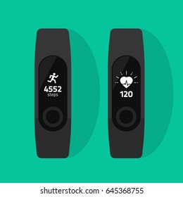 Fitness band run tracker vector illustration, flat cartoon wristband with running activity steps counter and heartbeat pulse meter, sport bracelet tech with display isolated