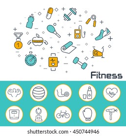 Fitness banner in flat style. Outline vector icons.