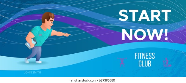 Fitness banner or flyer with personal trainer or bodybuilder.Vec