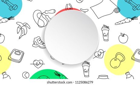 Fitness Banner With Hand Drawn Gym Pattern And 3d Paper Plate. Doodle Icons For Healthy Workout And Exercise. Sport Lifestyle Line Art. Stylish Fitness Banner For Sales, Special Offers, Flyers And Ad.