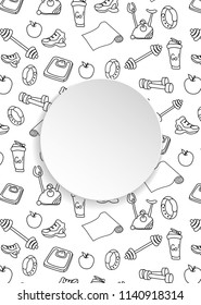 Fitness banner with hand drawn gym pattern and 3d paper plate. Doodle icons for healthy workout and exercise. Sport lifestyle line art. Stylish fitness banner for sales, special offers, flyers and ad.