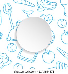 Fitness banner with hand drawn gym pattern and 3d paper plate. Doodle icons for healthy workout and exercise. Sport lifestyle line art. Stylish fitness banner for sales, special offers, flyers and ad.