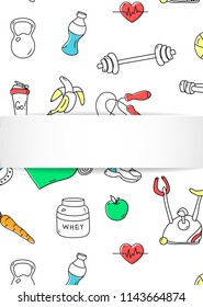 Fitness banner with hand drawn gym pattern and 3d paper plate. Doodle icons for healthy workout and exercise. Sport lifestyle line art. Stylish fitness banner for sales, special offers, flyers and ad.