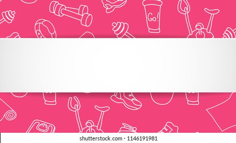 Fitness banner with hand drawn gym pattern and 3d paper plate. Doodle icons for healthy workout and exercise. Sport lifestyle line art. Stylish fitness banner for sales, special offers, flyers and ad.