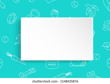 Fitness banner with hand drawn gym pattern and 3d paper plate. Doodle icons for healthy workout and exercise. Sport lifestyle line art. Stylish fitness banner for sales, special offers, flyers and ad.