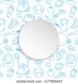 Fitness banner with hand drawn gym pattern and 3d paper plate. Doodle icons for healthy workout and exercise. Sport lifestyle line art. Stylish fitness banner for sales, special offers, flyers and ad.
