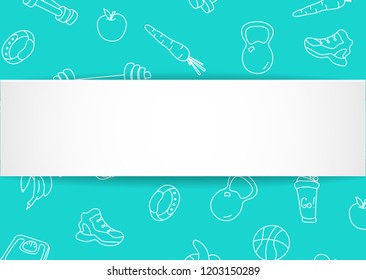 Fitness banner with hand drawn gym pattern and 3d paper plate. Doodle icons for healthy workout and exercise. Sport lifestyle line art. Stylish fitness banner for sales, special offers, flyers and ad.