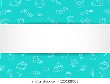 Fitness banner with hand drawn gym pattern and 3d paper plate. Doodle icons for healthy workout and exercise. Sport lifestyle line art. Stylish fitness banner for sales, special offers, flyers and ad.