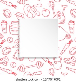 Fitness banner with hand drawn gym pattern and 3d paper plate. Doodle icons for healthy workout and exercise. Sport lifestyle line art. Stylish fitness banner for sales, special offers, flyers and ad.
