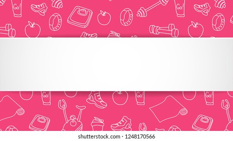 Fitness banner with hand drawn gym pattern and 3d paper plate. Doodle icons for healthy workout and exercise. Sport lifestyle line art. Stylish fitness banner for sales, special offers, flyers and ad.
