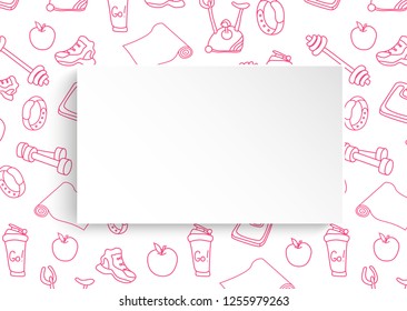 Fitness banner with hand drawn gym pattern and 3d paper plate. Doodle icons for healthy workout and exercise. Sport lifestyle line art. Stylish fitness banner for sales, special offers, flyers and ad.