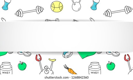 Fitness banner with hand drawn gym pattern and 3d paper plate. Doodle icons for healthy workout and exercise. Sport lifestyle line art. Stylish fitness banner for sales, special offers, flyers and ad.