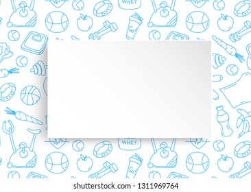 Fitness banner with hand drawn gym pattern and 3d paper plate. Doodle icons for healthy workout and exercise. Sport lifestyle line art. Stylish fitness banner for sales, special offers, flyers and ad.