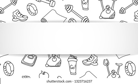 Fitness banner with hand drawn gym pattern and 3d paper plate. Doodle icons for healthy workout and exercise. Sport lifestyle line art. Stylish fitness banner for sales, special offers, flyers and ad.